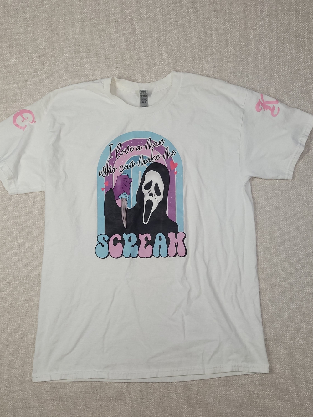 Gildan White "Scream" Graphic Tee with Pastel Pink & Blue Accents